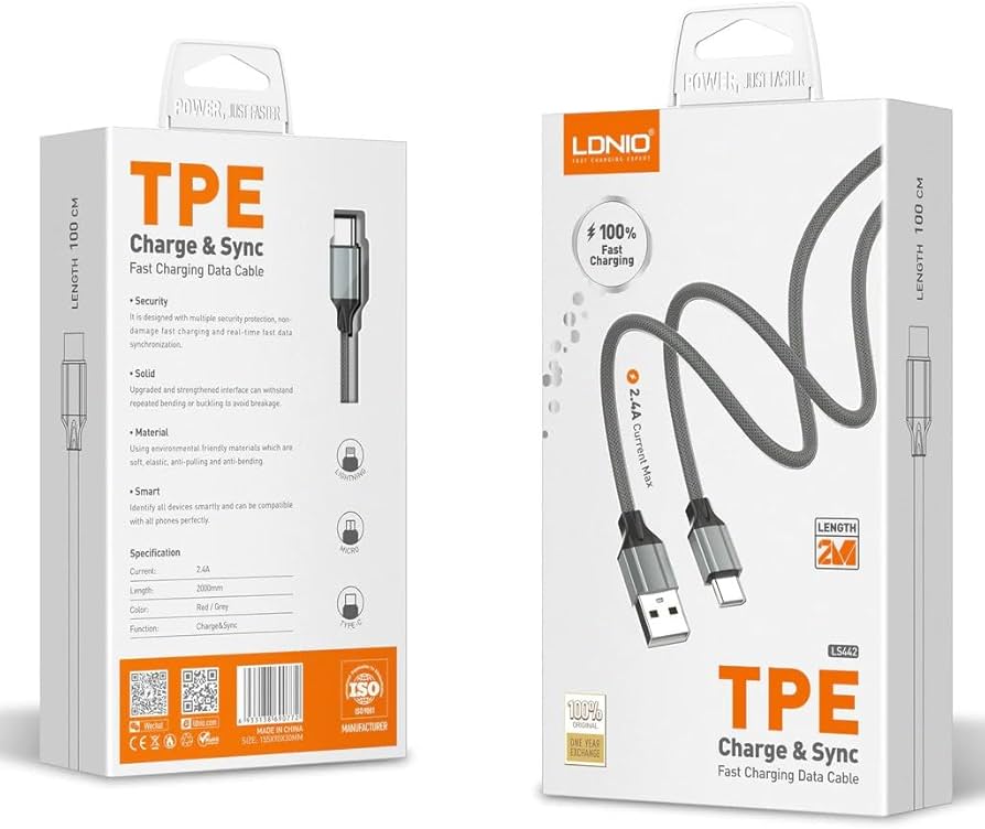 Cable de charge rapide LDNIO TPE 2M USB à iPhone LS442 – Gris